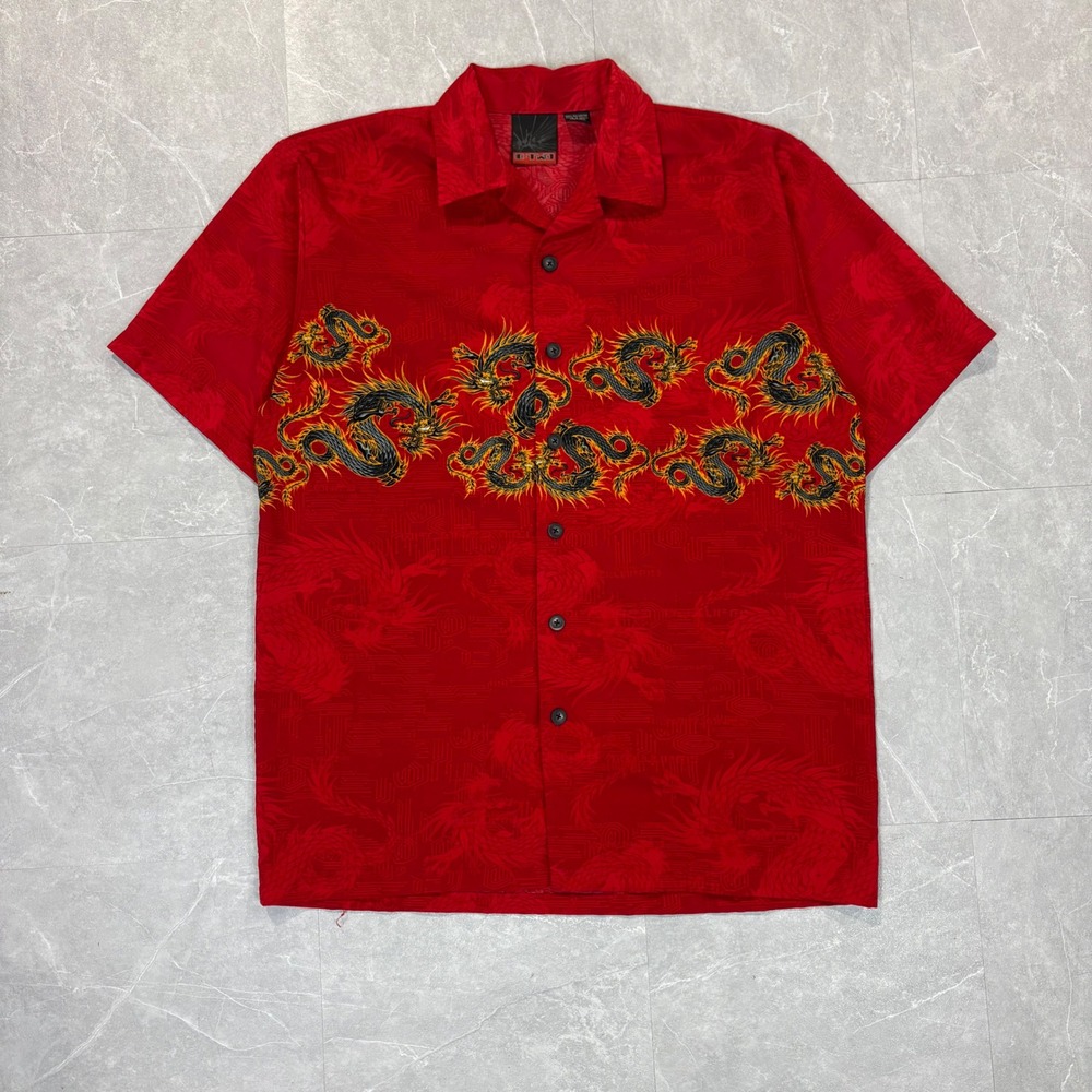 Vintage C-Two Red Dragon Graphic Button Down Shirt Mens Medium Y2K Short Sleeve